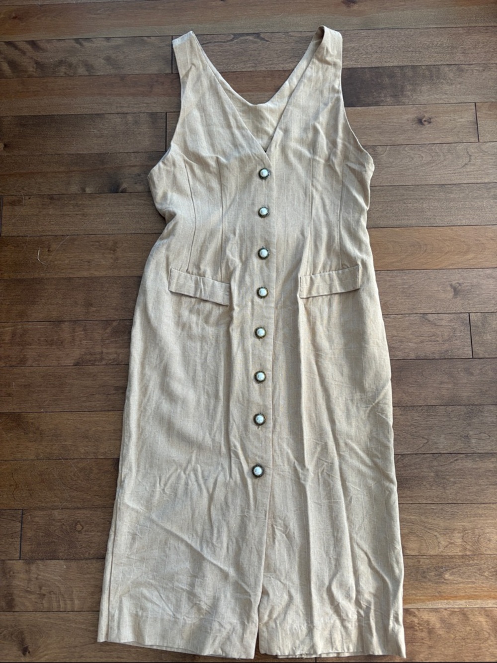 Sleeveless V-Neck Button-Front Dress in Beige